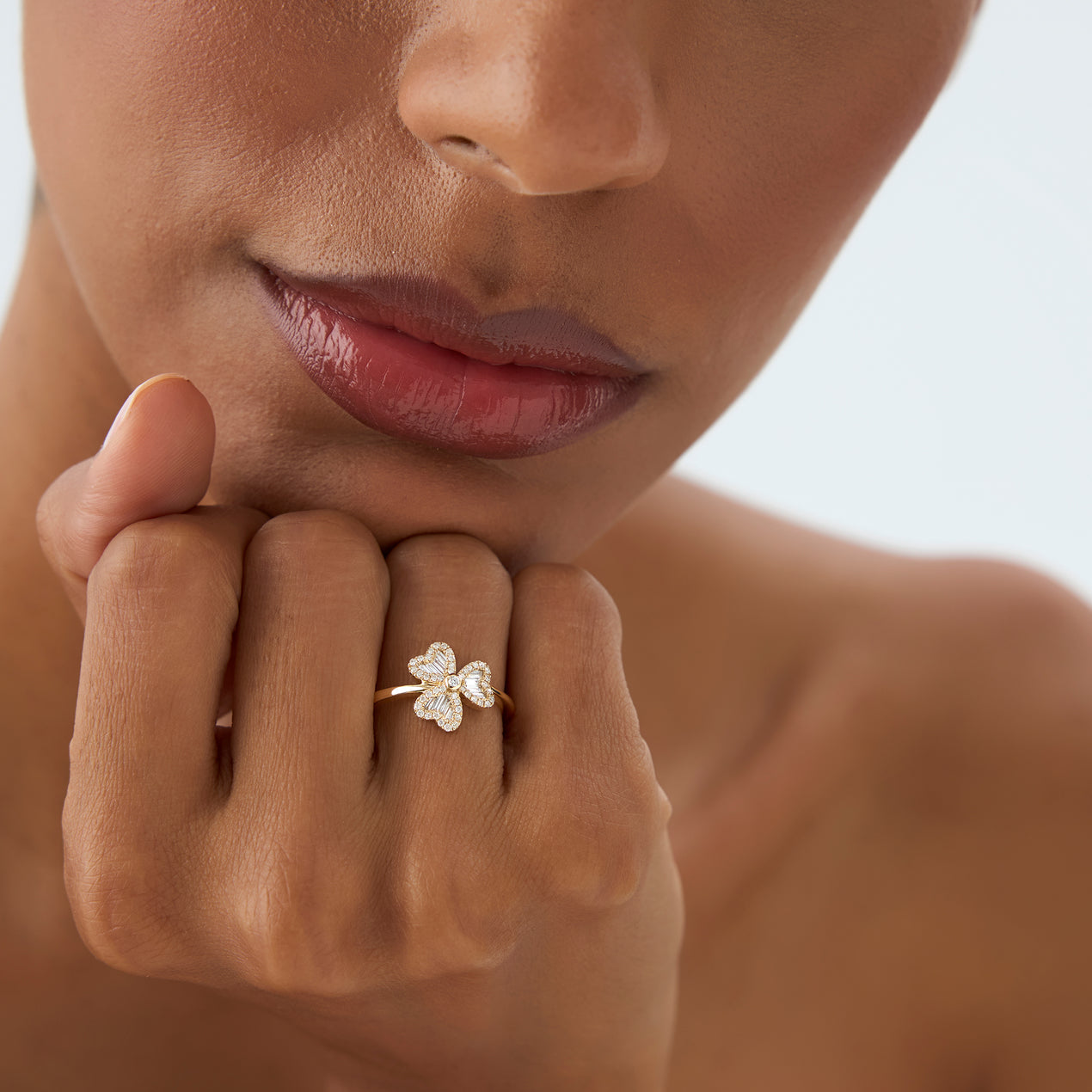 Flower Design Diamond Ring | Baguette and Round Stone 14k Gold Band | Floral Stackable Ring | Unique Gift for Her