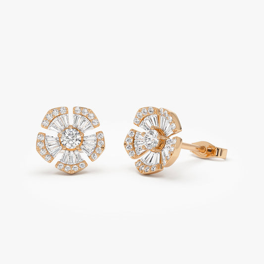 Flower Design Diamond Earrings | Baguette and Round Stone 14K Gold | Botanical Jewelry Gift for Women