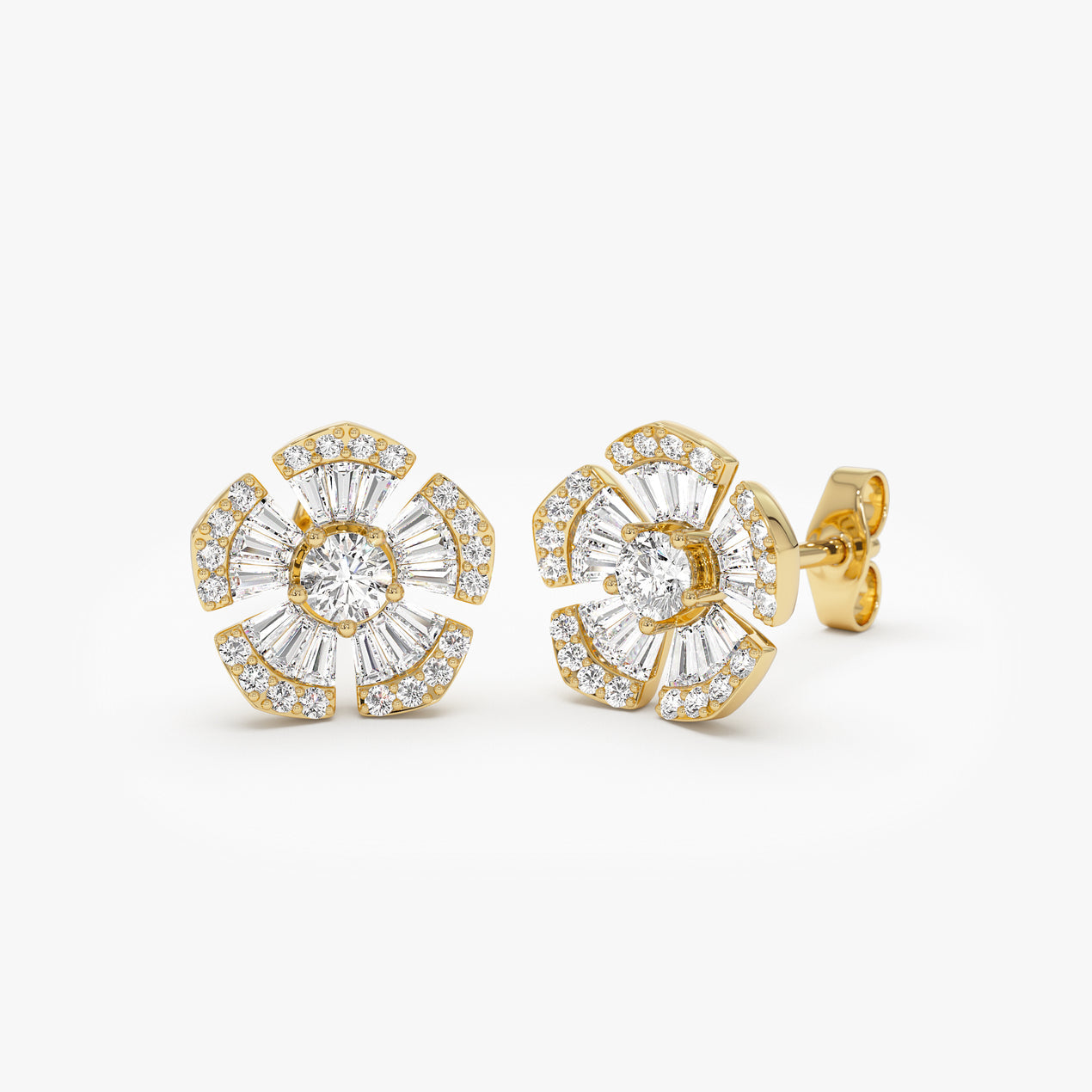 14k Baguette & Round Diamond Unique Flower Earrings