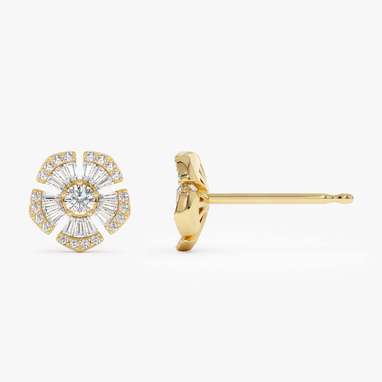 14k Baguette & Round Diamond Unique Flower Earrings
