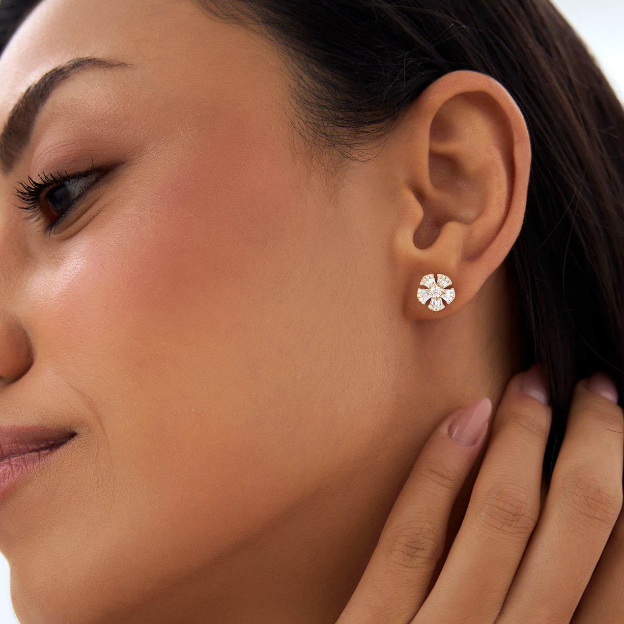 14k Baguette & Round Diamond Unique Flower Earrings