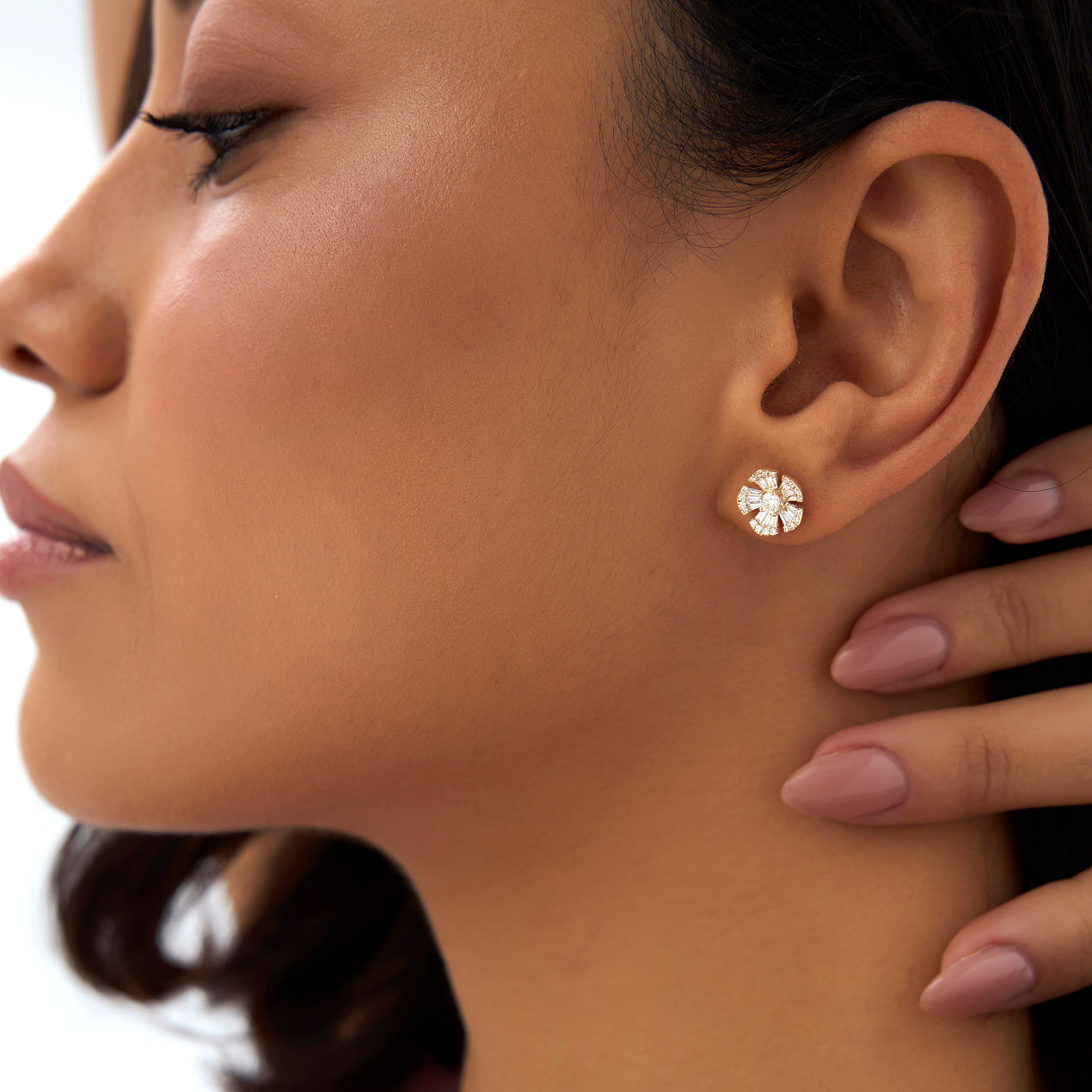 14k Baguette & Round Diamond Unique Flower Earrings