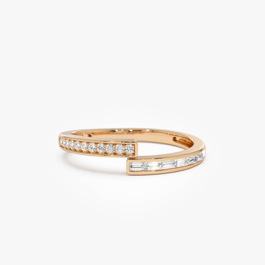 Diamond Crossover Ring | Baguette and Round Cut 14k Gold | Stackable Wedding Band | Unique Bridal Gift