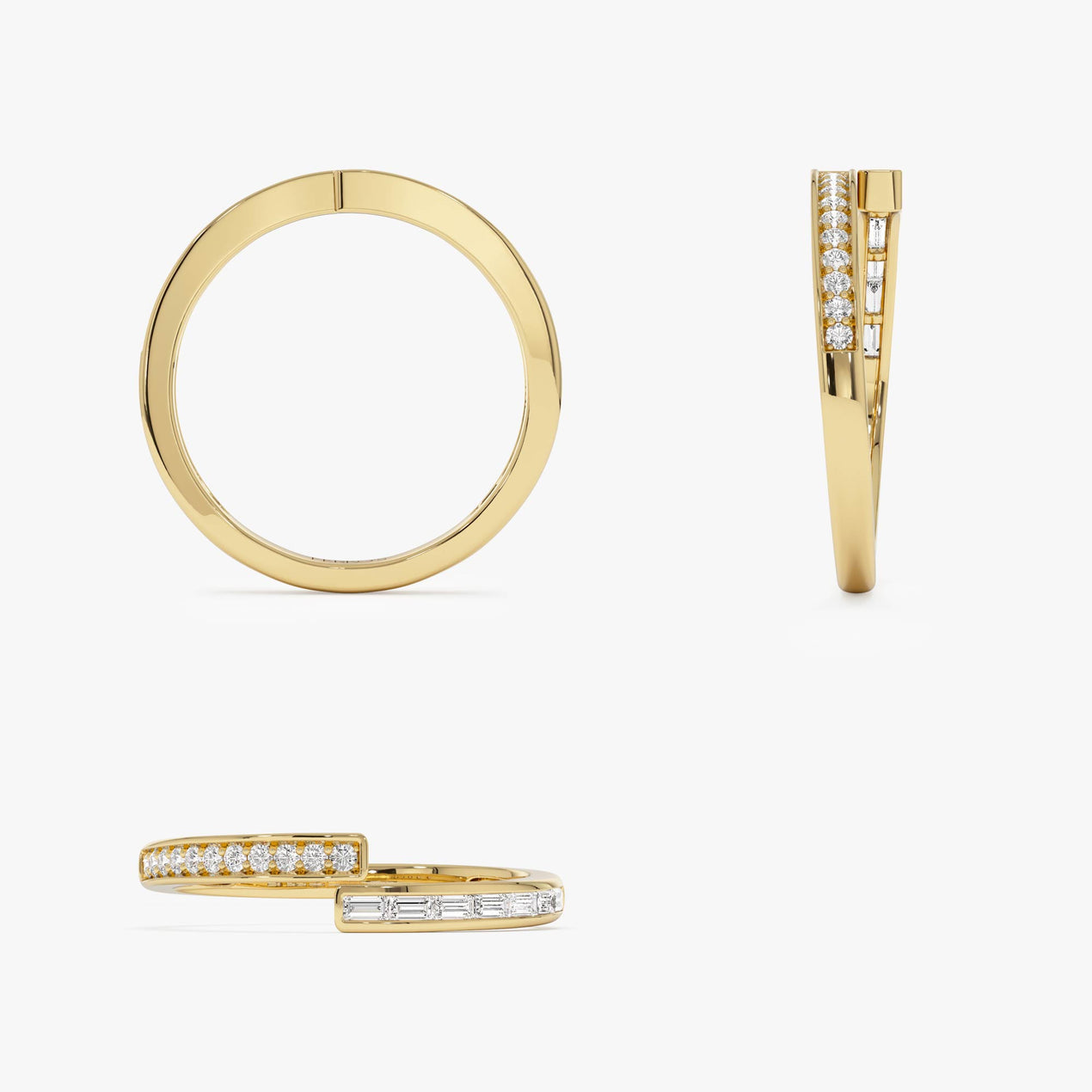 Diamond Crossover Ring | Baguette and Round Cut 14k Gold | Stackable Wedding Band | Unique Bridal Gift