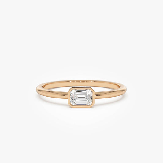 Bezel Set Emerald Cut Solitaire Ring | 14K Gold Grown Diamond Engagement Ring | Secure Modern Setting | Wedding Band for Her