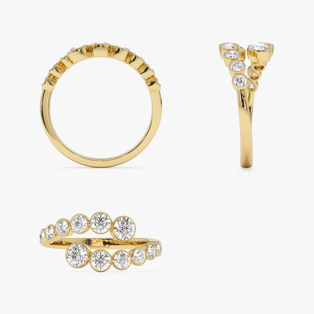 Bypass Curve Diamond Ring | 14k Gold Bezel Set Diamond | Modern Secure Setting Wedding Band
