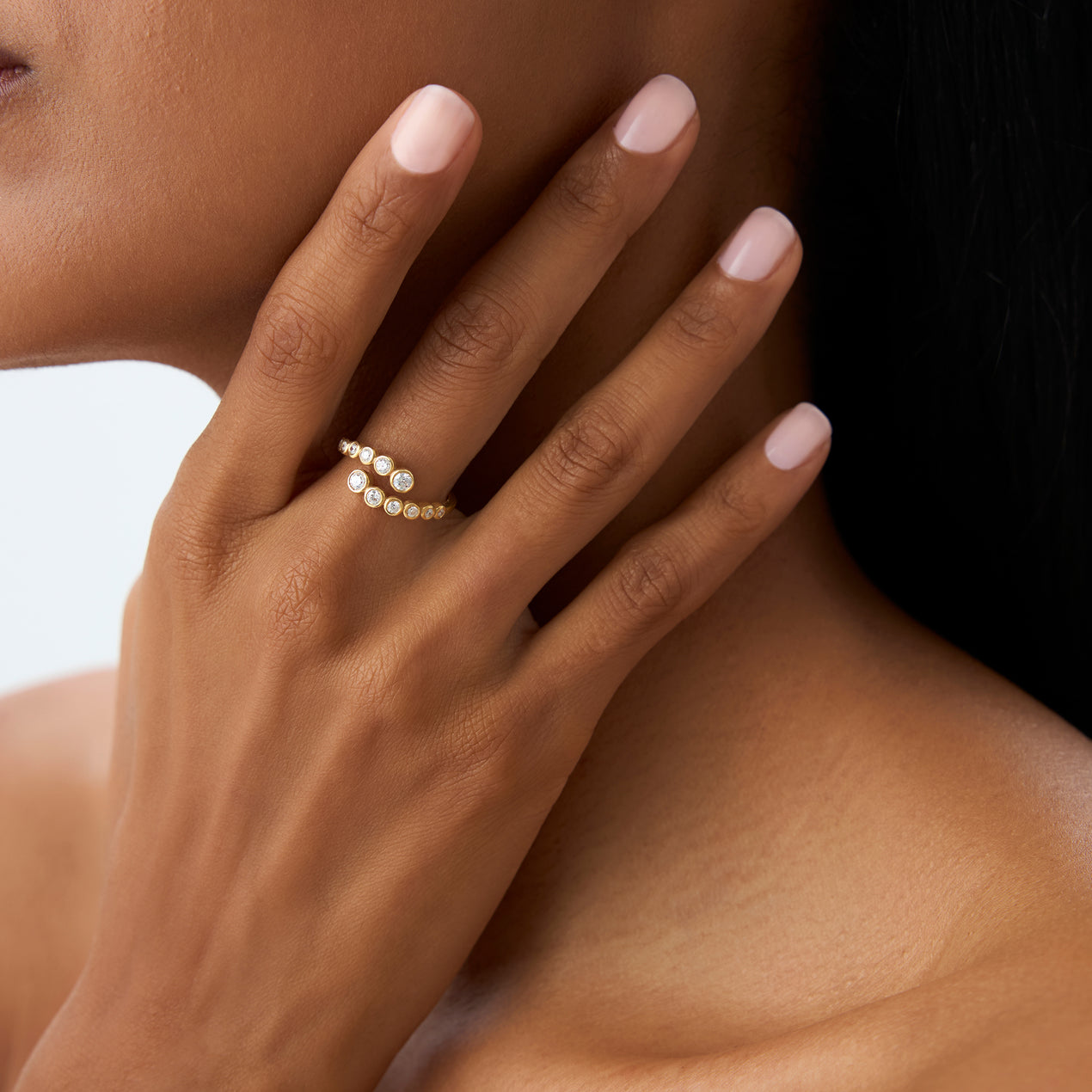Bypass Curve Diamond Ring | 14k Gold Bezel Set Diamond | Modern Secure Setting Wedding Band