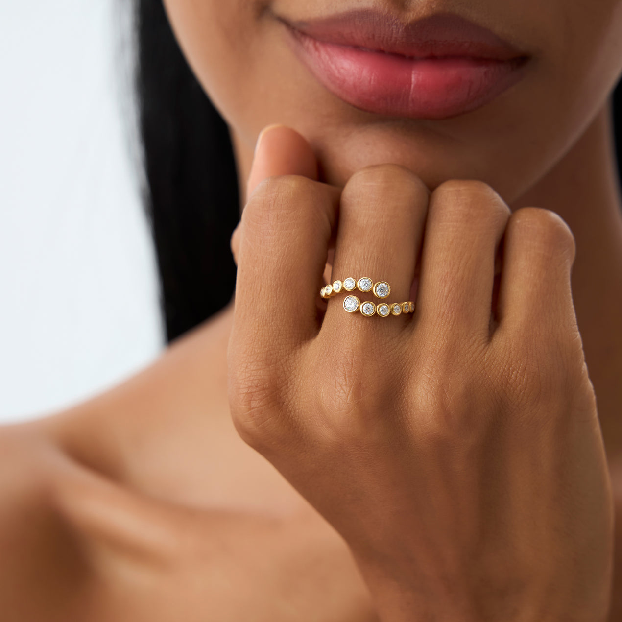 Bypass Curve Diamond Ring | 14k Gold Bezel Set Diamond | Modern Secure Setting Wedding Band