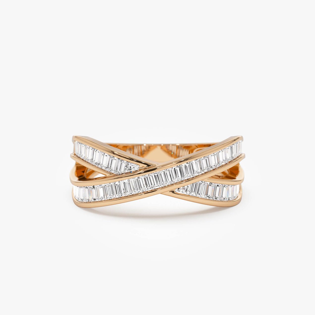 Channel Set Baguette Diamond Band | 14k Gold Crossover Wedding Ring | Secure Setting Stackable Ring | Minimalist Bridal Jewelry