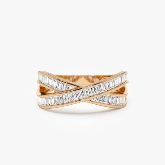 Channel Set Baguette Diamond Band | 14k Gold Crossover Wedding Ring | Secure Setting Stackable Ring | Minimalist Bridal Jewelry