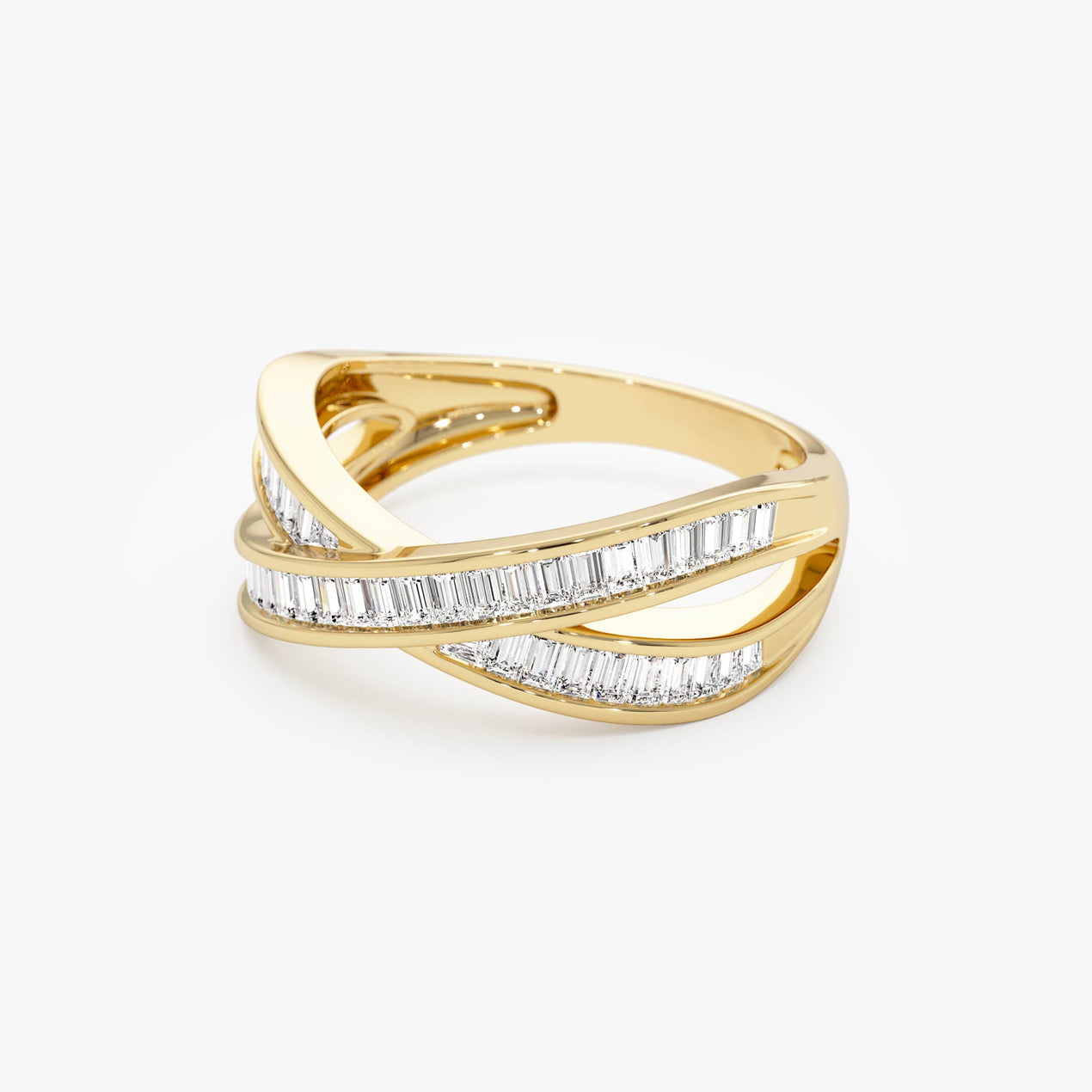 Channel Set Baguette Diamond Band | 14k Gold Crossover Wedding Ring | Secure Setting Stackable Ring | Minimalist Bridal Jewelry