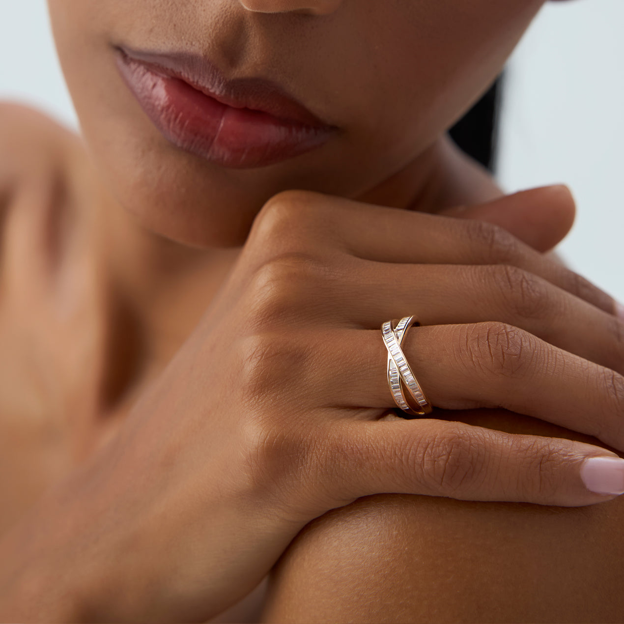 Channel Set Baguette Diamond Band | 14k Gold Crossover Wedding Ring | Secure Setting Stackable Ring | Minimalist Bridal Jewelry