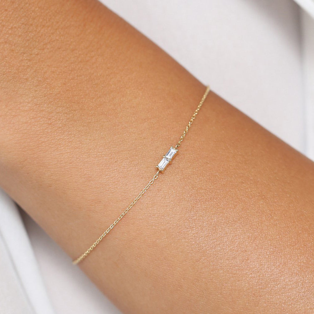 Double Baguette Diamond Bracelet | 14K Gold Geometric Bracelet | Modern Wedding Gift for Her