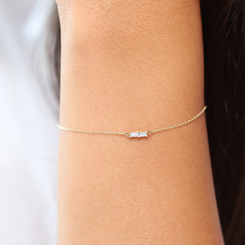 Double Baguette Diamond Bracelet | 14K Gold Geometric Bracelet | Modern Wedding Gift for Her