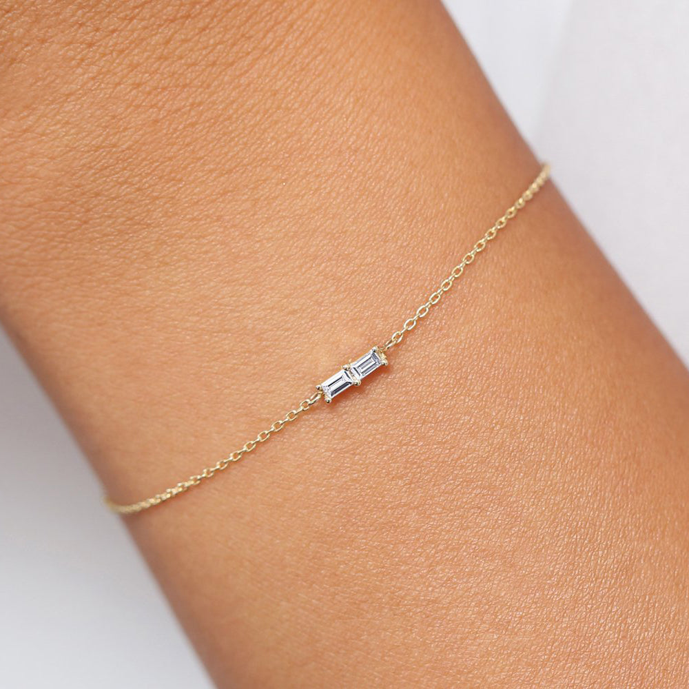 Double Baguette Diamond Bracelet | 14K Gold Geometric Bracelet | Modern Wedding Gift for Her