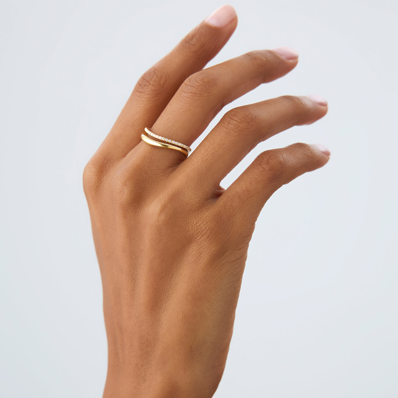 Diamond Wave Ring | 14k Gold Double Band Stackable Ring | Unique Curved Design | Gift for Her