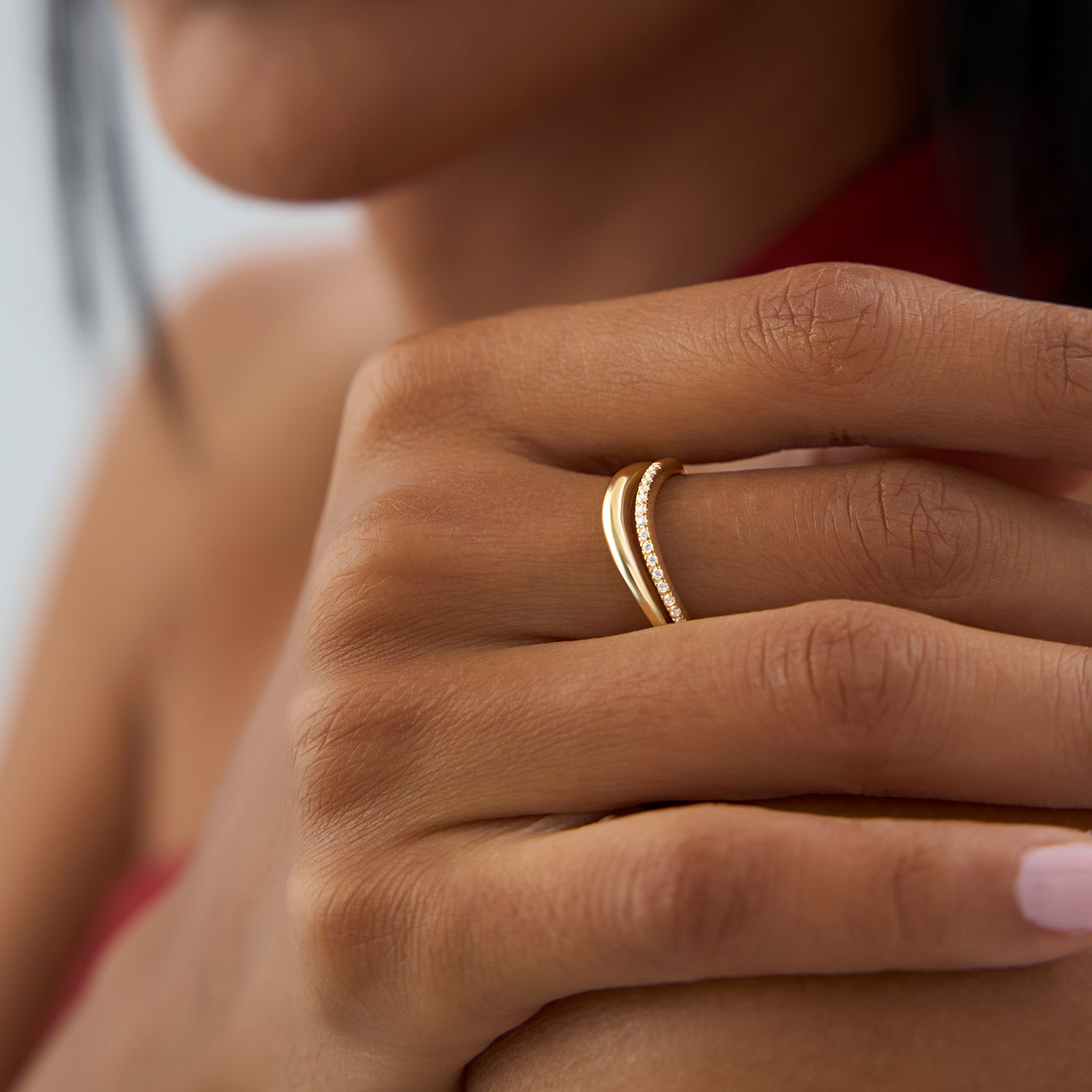 Diamond Wave Ring | 14k Gold Double Band Stackable Ring | Unique Curved Design | Gift for Her