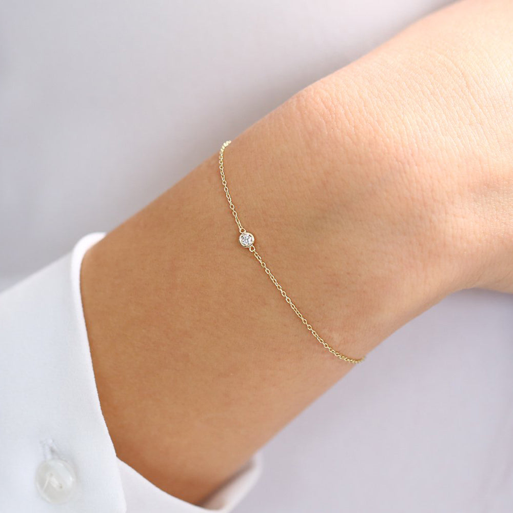 Bezel Set Solitaire Diamond Bracelet | 14K Gold Single Stone Jewelry | Secure Setting Everyday Bracelet