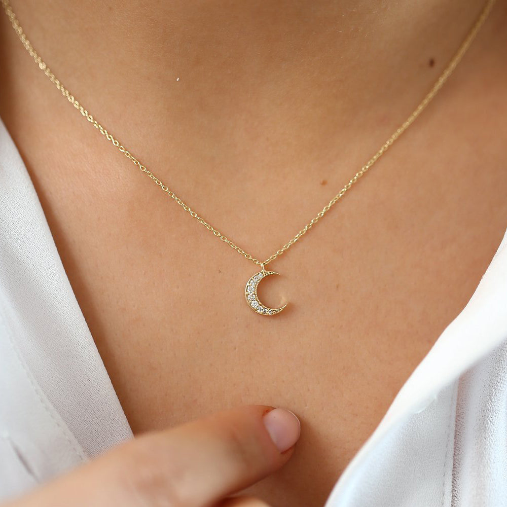 Crescent Moon Diamond Necklace | 14K Gold Celestial Magic Jewelry | Minimalist Moon Phase Stackable Pendant