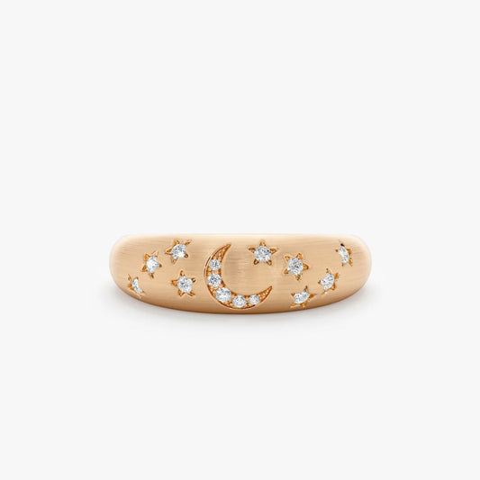 Celestial Diamond Ring | Star & Moon Design | 14K Matte Gold Band | Vintage Inspired Stackable Ring