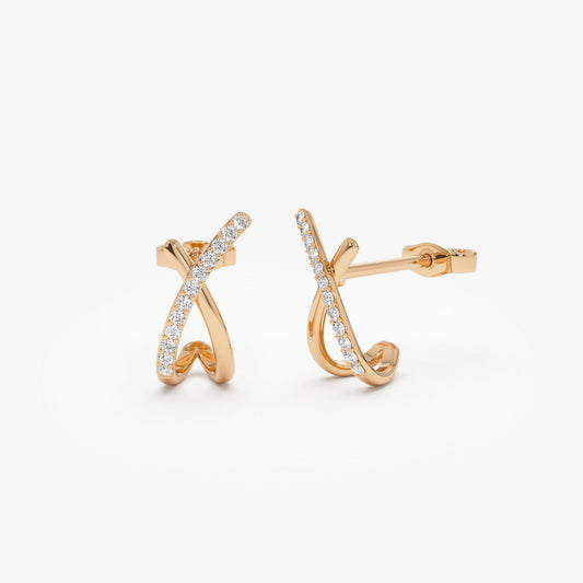 X Design Diamond Stud Earrings | 14K Gold Modern Geometric Earrings | Minimalist Studs Gift for Women