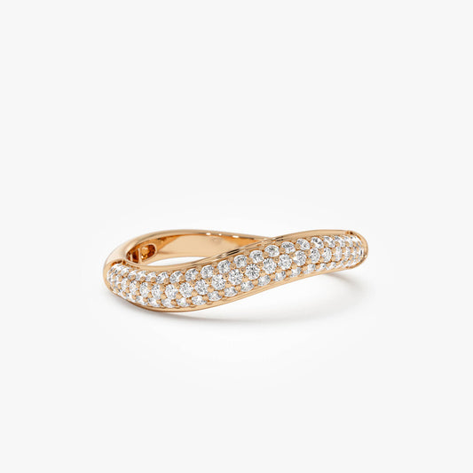 Wave Design Pave Diamond Ring | Three Row 14k Gold Band | Stackable Wedding Jewelry | Modern Gift Idea