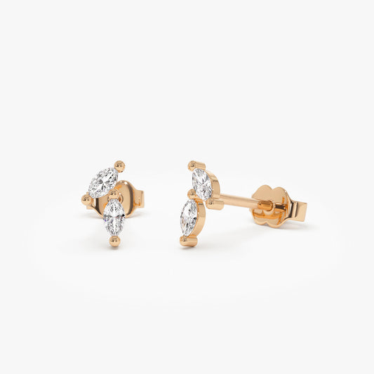 Double Marquise Diamond Studs | 14K Gold Unique Stackable Earrings | Modern Gift for Her