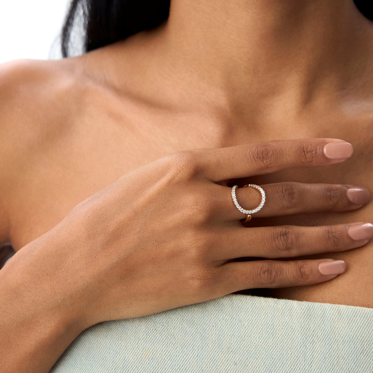 Half Bezel Diamond Ring | 14k Gold Unique Setting Stackable Band | Secure Wedding Ring Gift for Her