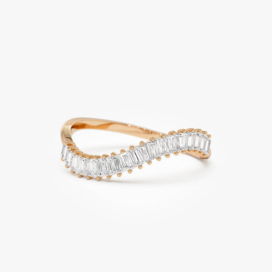 Wave Design Baguette Diamond Ring | 14k Gold Curved Stackable Band | Unique Modern Wedding Ring for Her | VLOVE