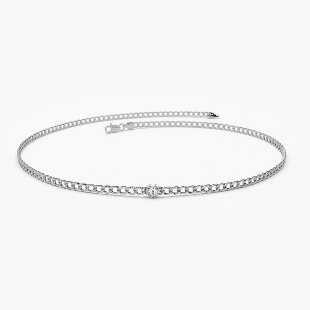 Heart Shape Diamond Curb Bracelet | 14K Gold 2MM Link with Solitaire | Romantic Gift for Her