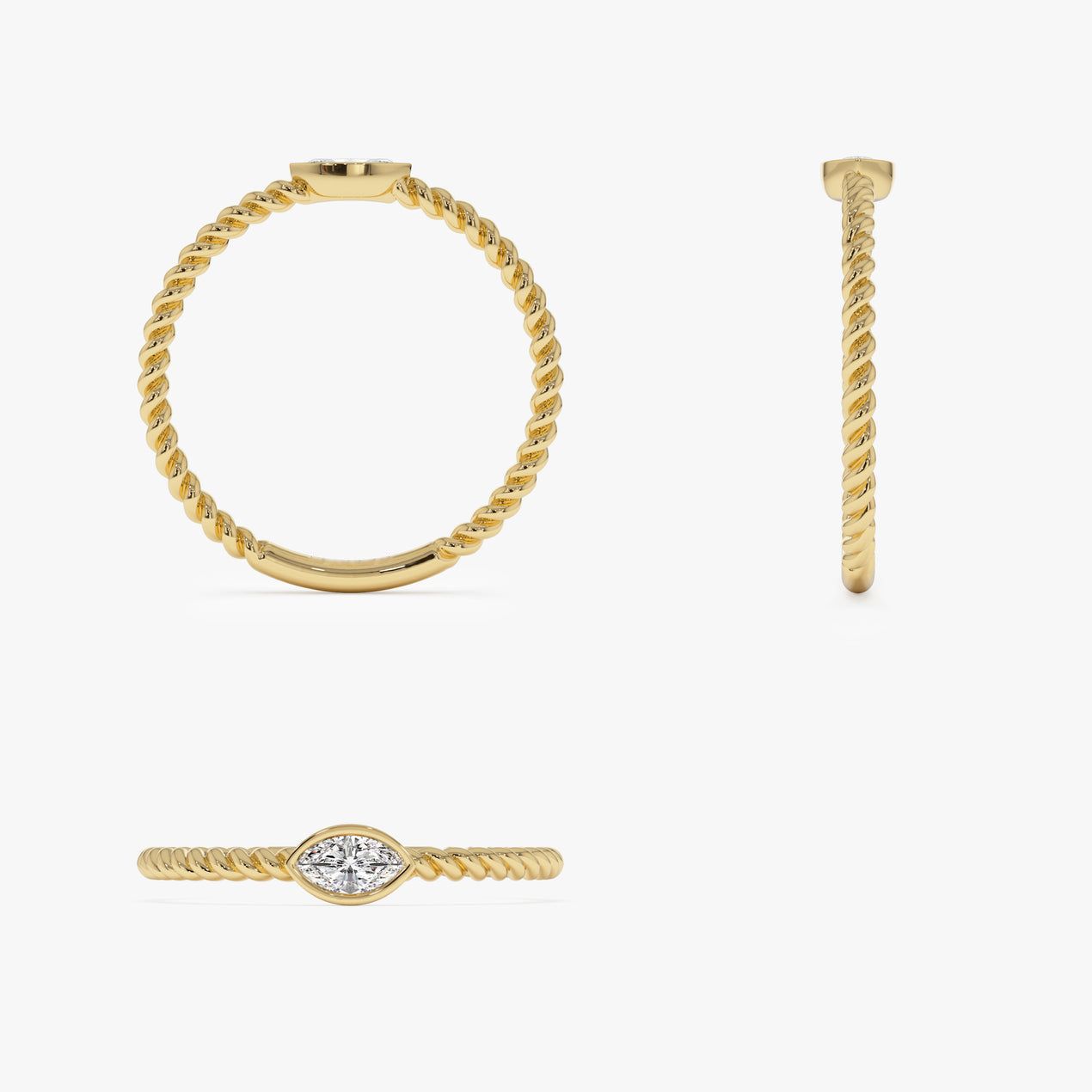 Bezel Set Marquise Diamond Ring | 14k Gold Rope Twist Band | Unique Stackable Wedding Ring | Secure Setting Jewelry