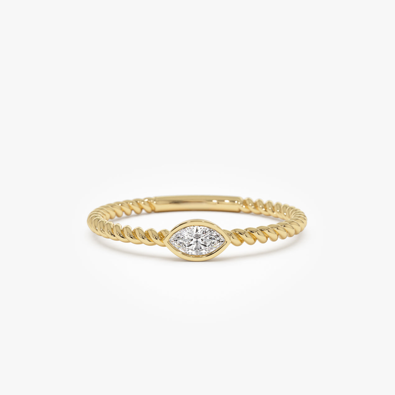 Bezel Set Marquise Diamond Ring | 14k Gold Rope Twist Band | Unique Stackable Wedding Ring | Secure Setting Jewelry