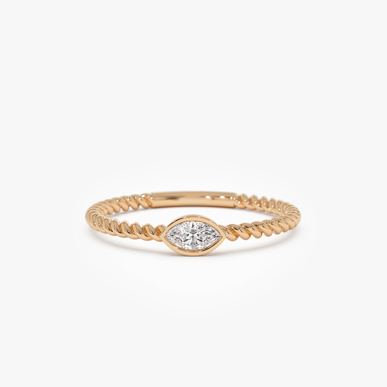 Bezel Set Marquise Diamond Ring | 14k Gold Rope Twist Band | Unique Stackable Wedding Ring | Secure Setting Jewelry