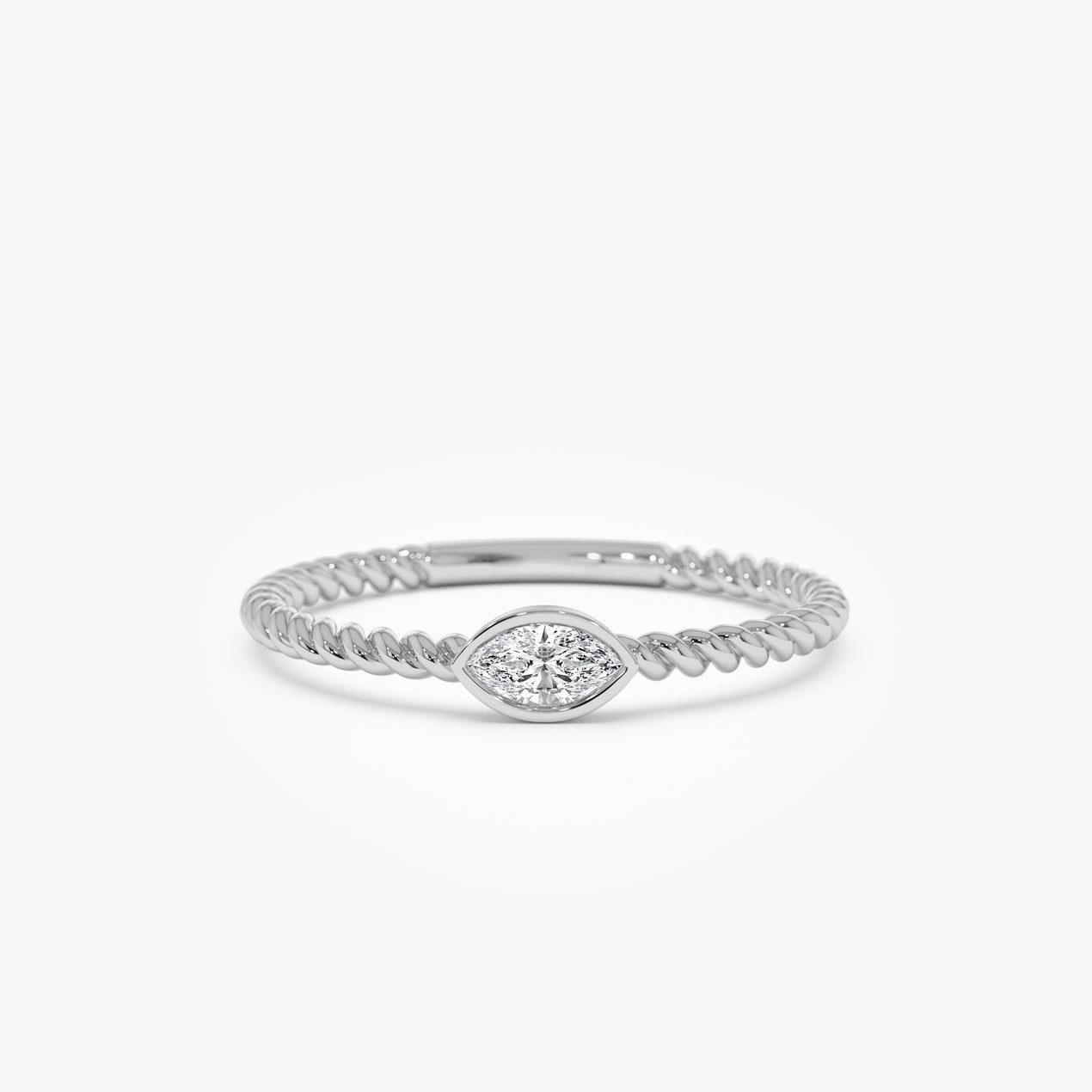 Bezel Set Marquise Diamond Ring | 14k Gold Rope Twist Band | Unique Stackable Wedding Ring | Secure Setting Jewelry