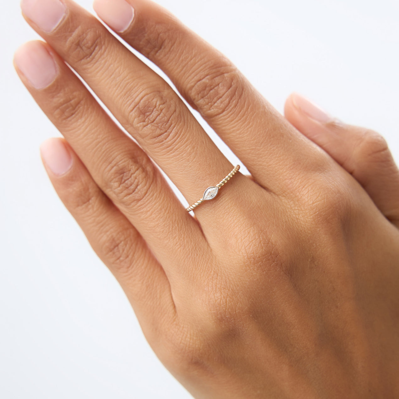 Bezel Set Marquise Diamond Ring | 14k Gold Rope Twist Band | Unique Stackable Wedding Ring | Secure Setting Jewelry