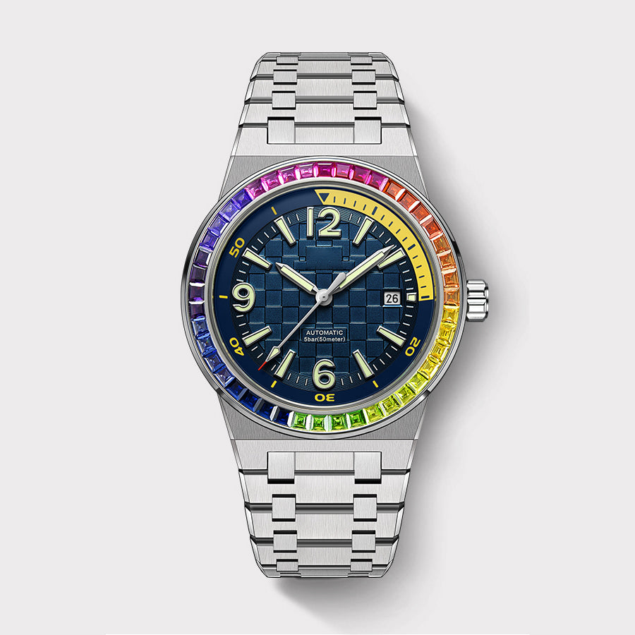 Round Watch in White Gold with Rainbow gem