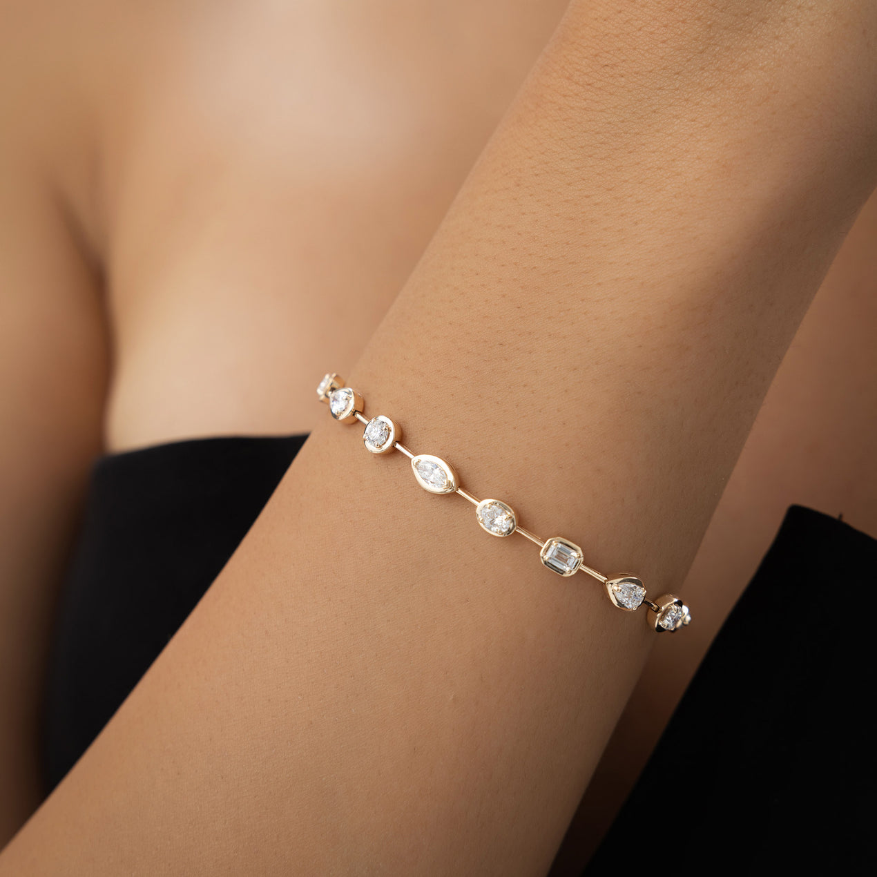 Mixed Cut Lab Grown Diamond Link Tennis Bracelet | 14K Gold Geometric Design | Unique Everyday Bracelet for Women