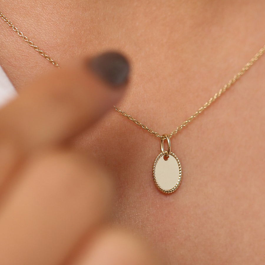 Personalized Initial Necklace | 14K Gold Mini Oval Pendant with Rope Edge | Custom Monogram Jewelry Gift