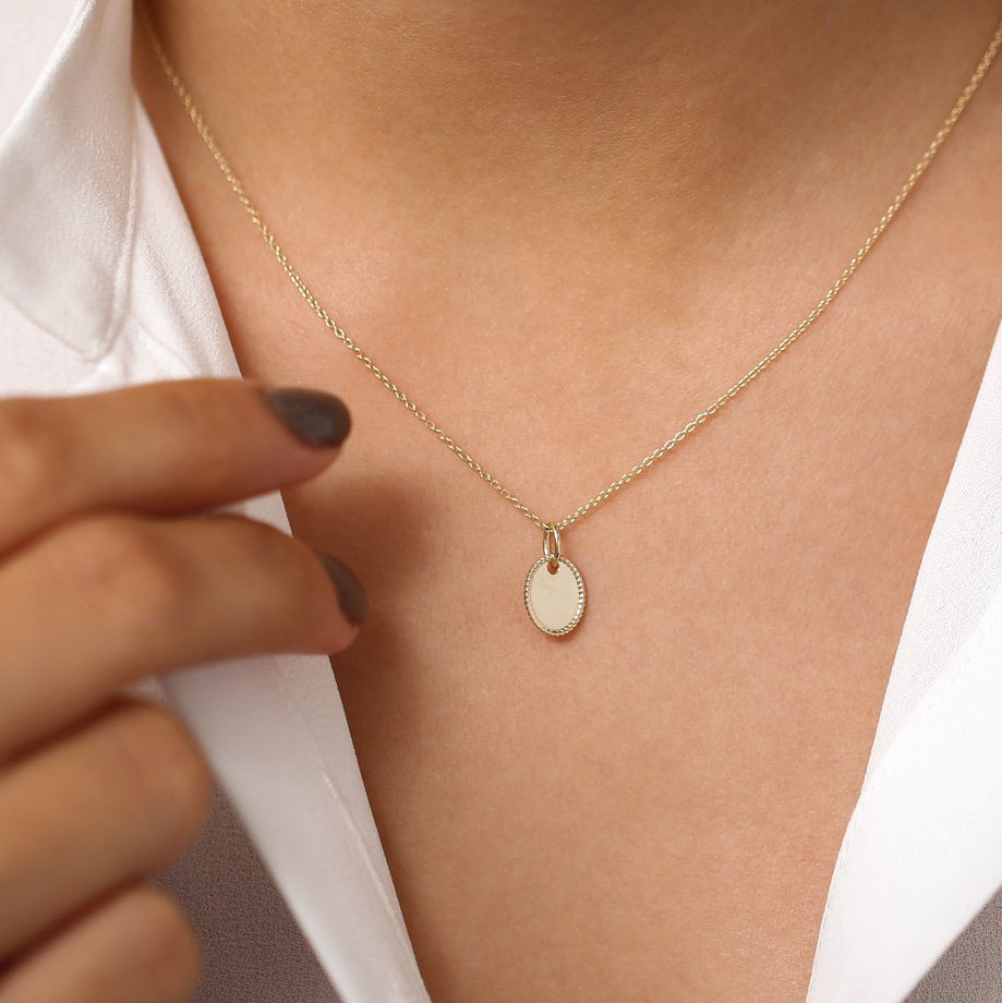 Personalized Initial Necklace | 14K Gold Mini Oval Pendant with Rope Edge | Custom Monogram Jewelry Gift