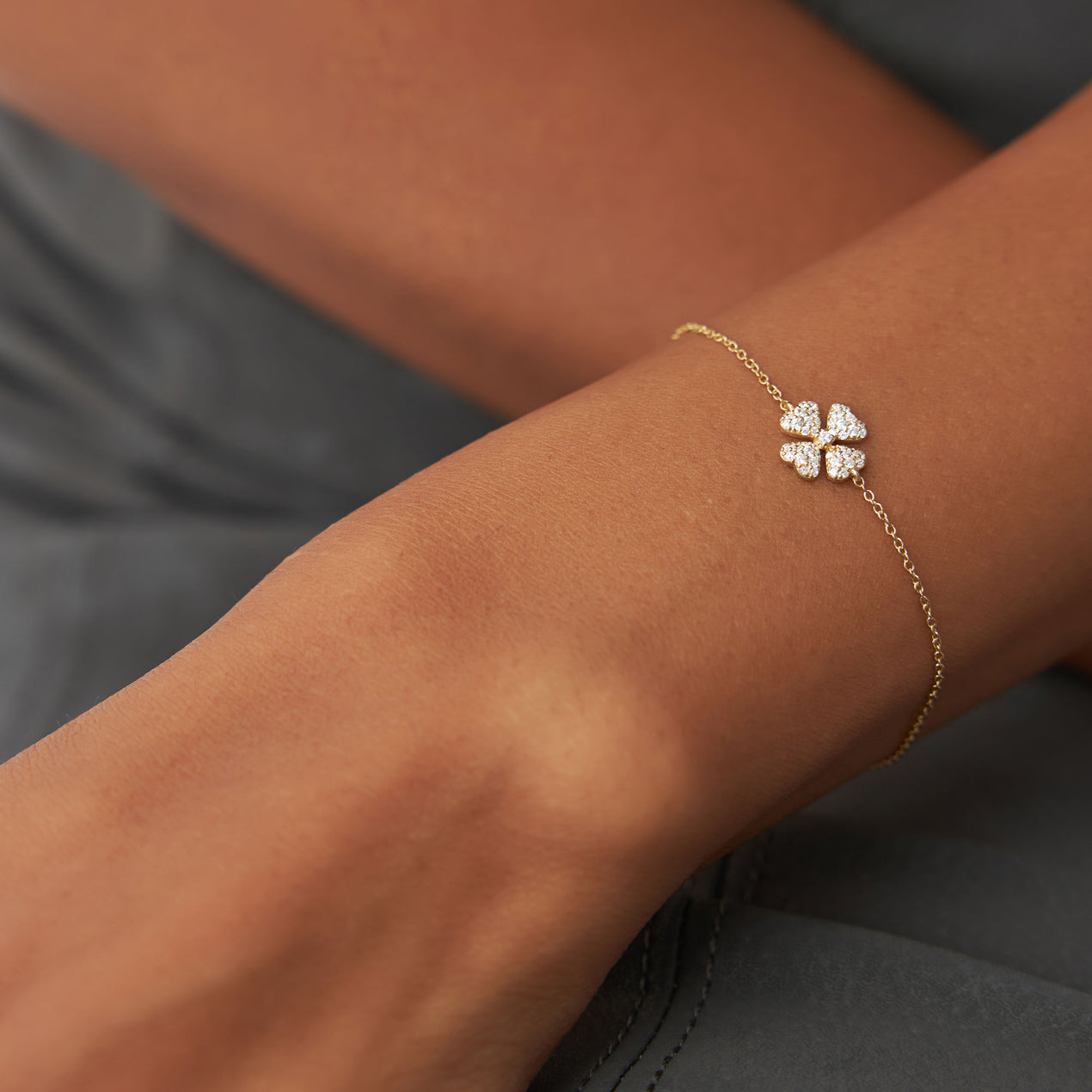 14K Solid Gold Diamond Clover Charm Bracelet | Lucky Four Leaf Clover | Adjustable Women's Jewelry | VLOVE
