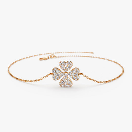 14K Solid Gold Diamond Clover Charm Bracelet | Lucky Four Leaf Clover | Adjustable Women's Jewelry | VLOVE