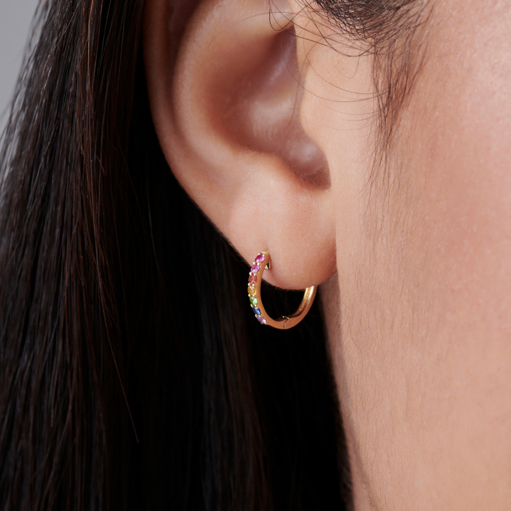 14K Multi-Gemstone Diamond Huggie Hoops | Colorful Stacking Earrings | Gold Statement Jewelry | VLOVE