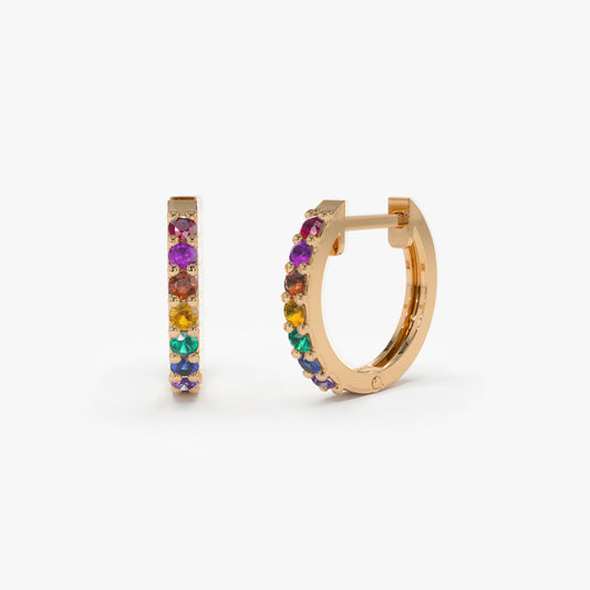 14K Multi-Gemstone Diamond Huggie Hoops | Colorful Stacking Earrings | Gold Statement Jewelry | VLOVE