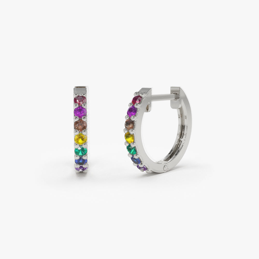 14K Multi-Gemstone Diamond Huggie Hoops | Colorful Stacking Earrings | Gold Statement Jewelry | VLOVE