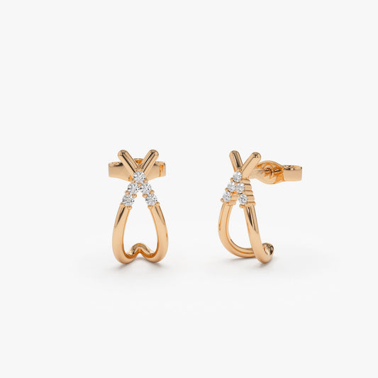 14K Gold Crisscross Diamond Huggie Earrings | Half Hoop Earrings with Round Diamonds | VLOVE Fine Jewelry