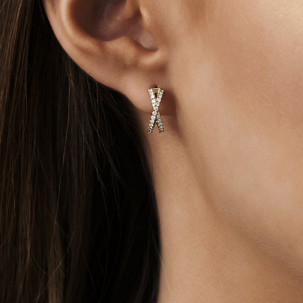 14K Gold X-Shaped Diamond Huggie Earrings | Crisscross Pave Setting Hoops | Symbolic Jewelry | VLOVE