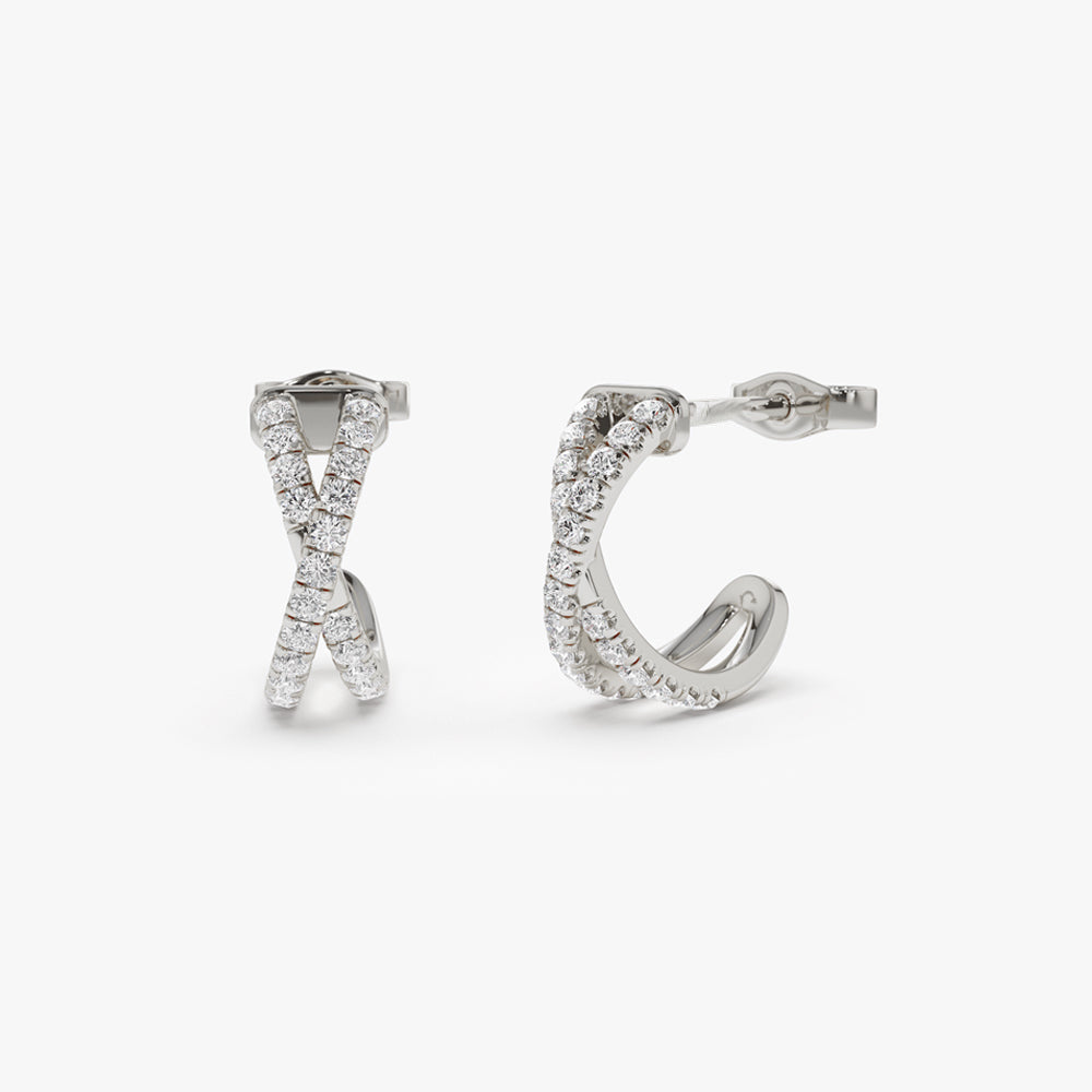 14K Gold X-Shaped Diamond Huggie Earrings | Crisscross Pave Setting Hoops | Symbolic Jewelry | VLOVE