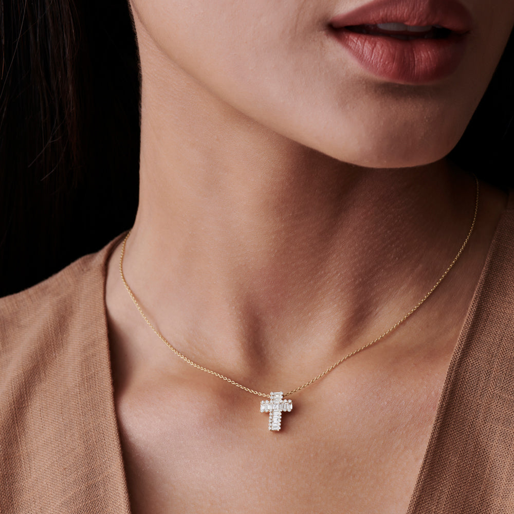 14K Gold Cross Pendant with Baguette & Round Diamonds | Unique Faith-Based Jewelry | Luxury Religious Gift | VLOVE