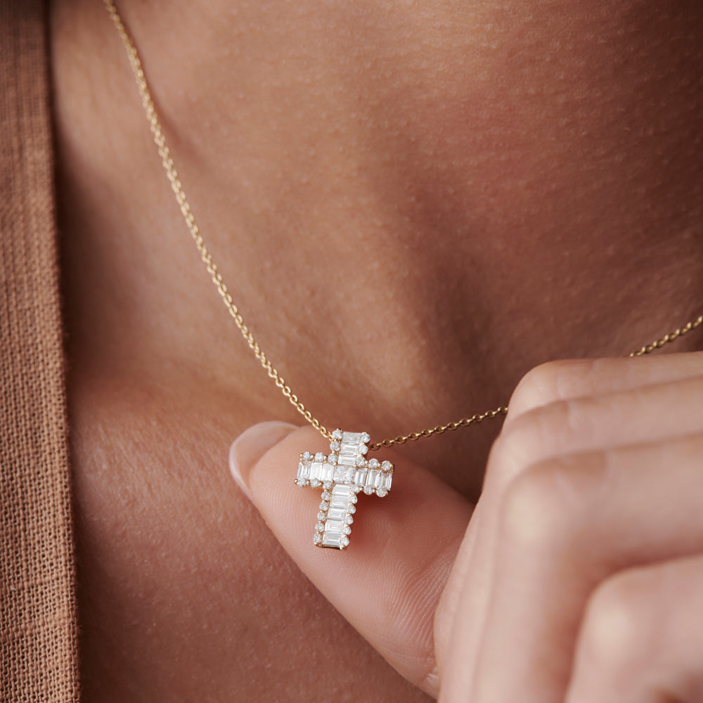 14K Gold Cross Pendant with Baguette & Round Diamonds | Unique Faith-Based Jewelry | Luxury Religious Gift | VLOVE