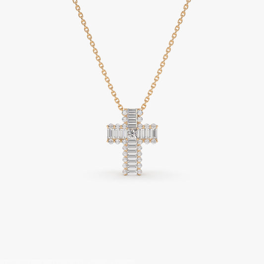 14K Gold Cross Pendant with Baguette & Round Diamonds | Unique Faith-Based Jewelry | Luxury Religious Gift | VLOVE